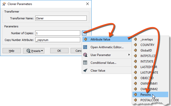 Setting the Number of Copies parameter to the Persons attribute